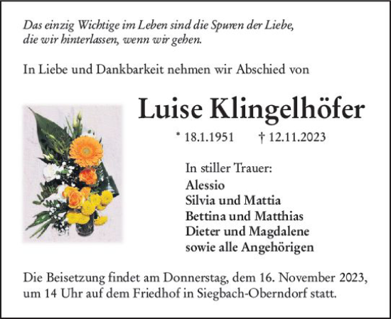 Traueranzeige von Luise Klingelhöfer von Dill Block