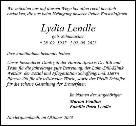 Traueranzeige von Lydia Lendle von Wetzlarer Neue Zeitung