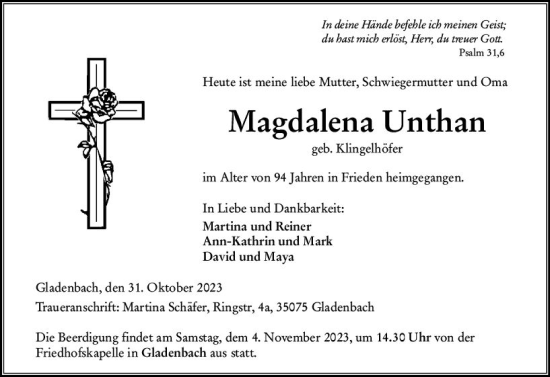 Traueranzeige von Magdalena Unthan von Hinterländer Anzeiger