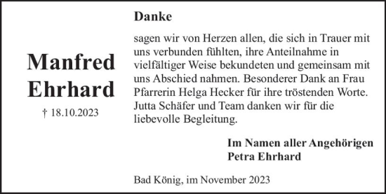 Traueranzeige von Manfred Ehrhard von Odenwälder Echo
