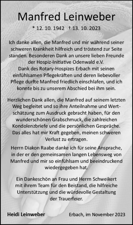 Traueranzeige von Manfred Leinweber von Odenwälder Echo