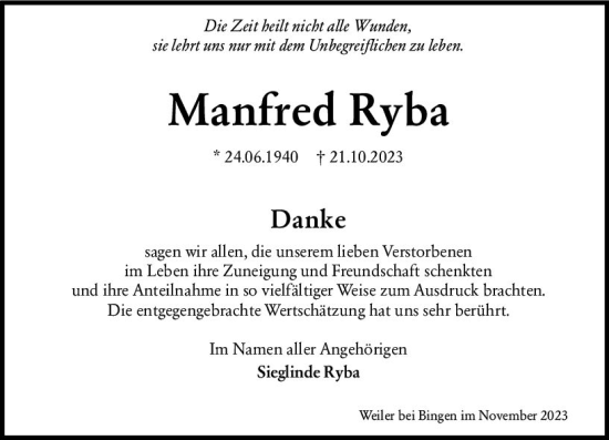 Traueranzeige von Manfred Ryba von Allgemeine Zeitung Bingen/Ingelheim