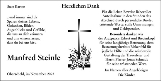 Traueranzeige von Manfred Steinle von Dill Block