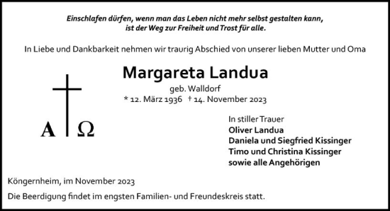 Traueranzeige von Margareta Landua von Allgemeine Zeitung Mainz