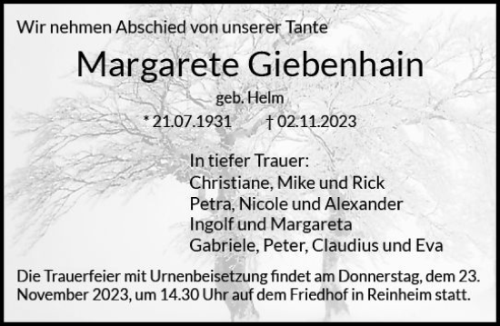 Traueranzeige von Margarete Gebenhain von Darmstädter Echo
