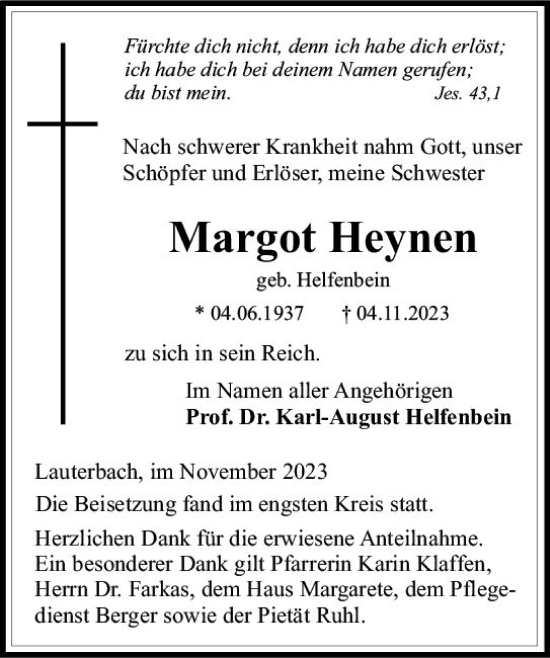 Traueranzeige von Margot Heynen von VRM Trauer