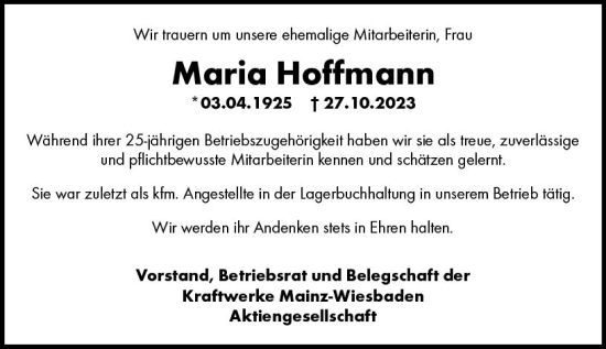 Traueranzeige von Maria Hoffmann von Allgemeine Zeitung Alzey