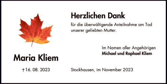 Traueranzeige von Maria Kliem von Oberhessen Kurier