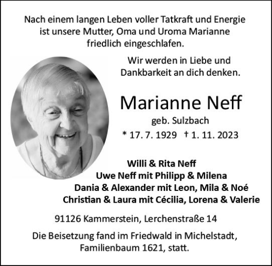 Traueranzeige von Marianne Neff von Odenwälder Echo