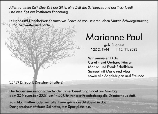 Traueranzeige von Marianne Paul von Dill Block