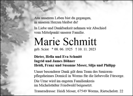 Traueranzeige von Marie Schmitt von Wormser Zeitung