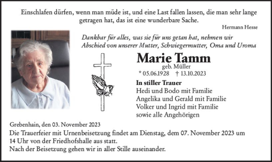 Traueranzeige von Marie Tamm von VRM Trauer
