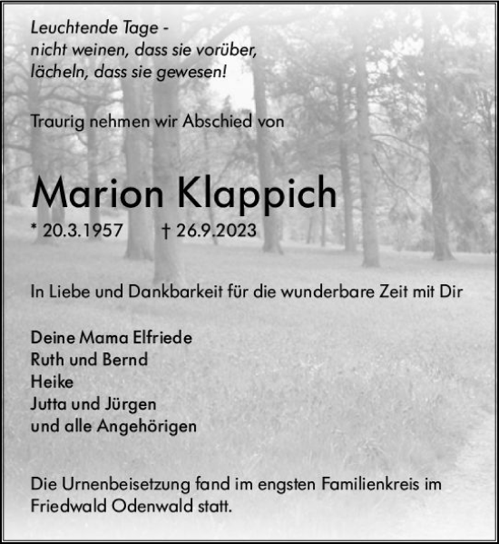 Traueranzeige von Marion Klappich von Groß-Gerauer Echo