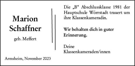 Traueranzeige von Marion Schaffner von Allgemeine Zeitung Alzey