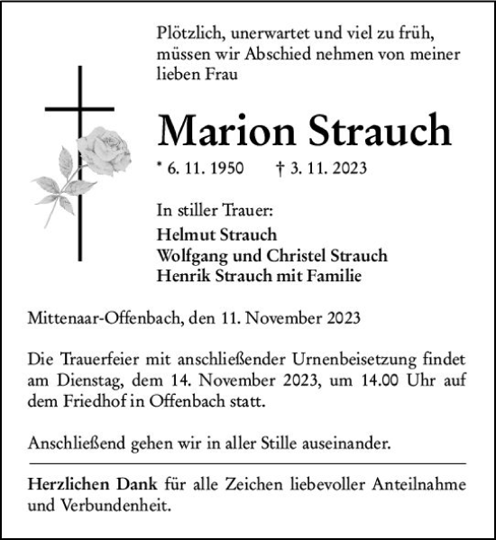 Traueranzeige von Marion Strauch von Dill Block