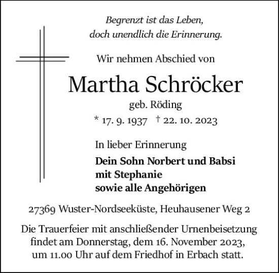 Traueranzeige von Martha Schröcker von Odenwälder Echo