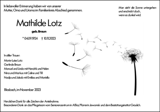 Traueranzeige von Mathilde Latz von Wetzlarer Neue Zeitung