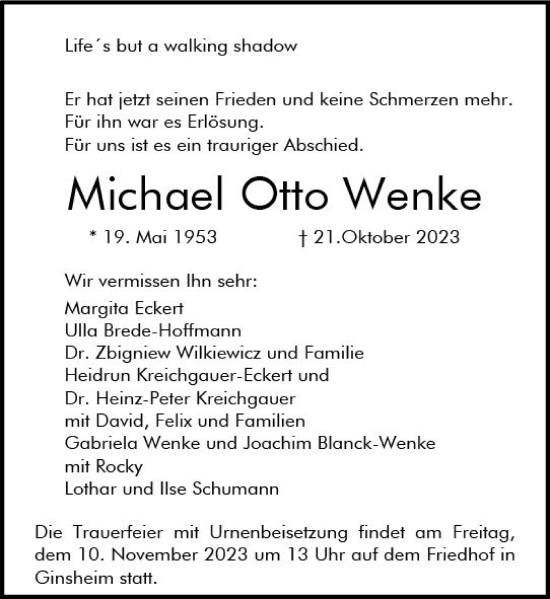 Traueranzeige von Michael Otto Wenke von Allgemeine Zeitung Mainz