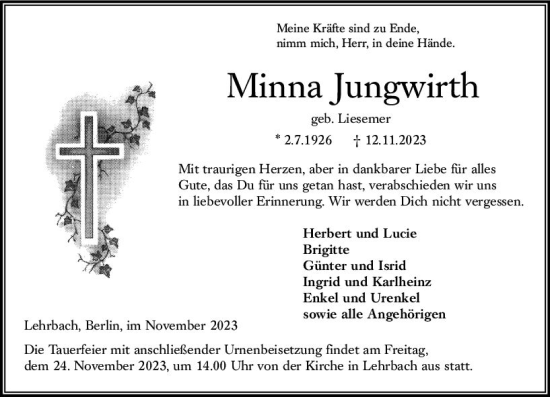 Traueranzeige von Minna Jungwirth von VRM Trauer