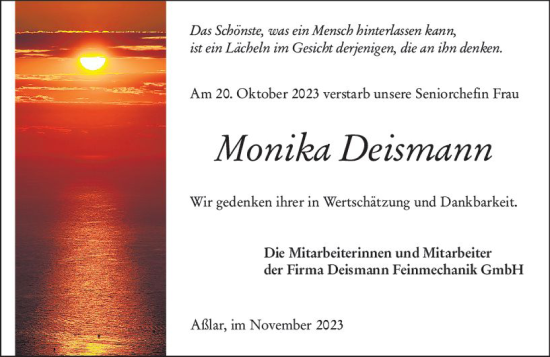 Traueranzeige von Monika Deismann von Wetzlarer Neue Zeitung