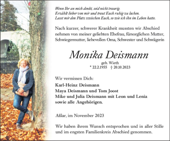 Traueranzeige von Monika Deismann von Wetzlarer Neue Zeitung