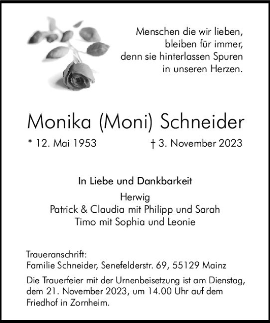 Traueranzeige von Monika Schneider von Allgemeine Zeitung Mainz