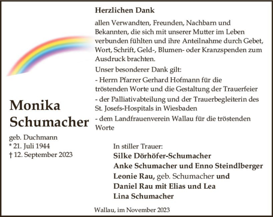Traueranzeige von Monika Schumacher von Wiesbadener Kurier