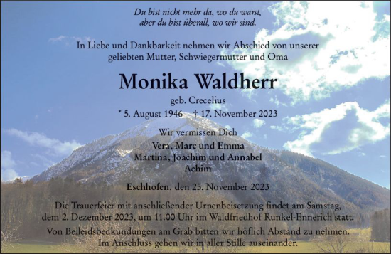 Traueranzeige von Monika Waldherr von Nassauische Neue Presse
