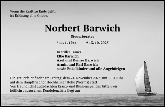 Traueranzeige von Norbert Barwich von Wormser Zeitung