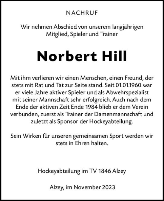 Traueranzeige von Norbert Hill von Allgemeine Zeitung Alzey