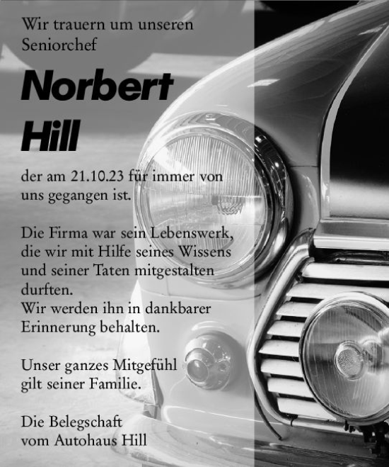 Traueranzeige von Norbert Hill von Allgemeine Zeitung Alzey