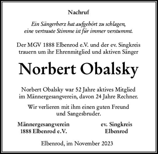 Traueranzeige von Norbert Obalsky von VRM Trauer