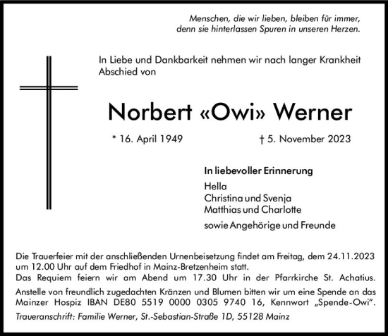 Traueranzeige von Norbert  Werner von Allgemeine Zeitung Mainz