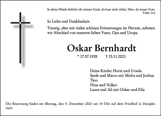Traueranzeige von Oskar Bernhardt von Hinterländer Anzeiger