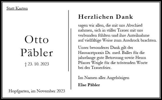 Traueranzeige von Otto Päbler von Oberhessen Kurier