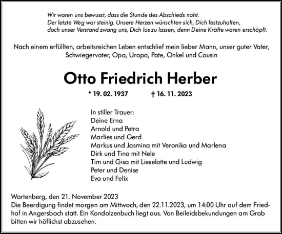 Traueranzeige von Otto Friedrich Herber von VRM Trauer