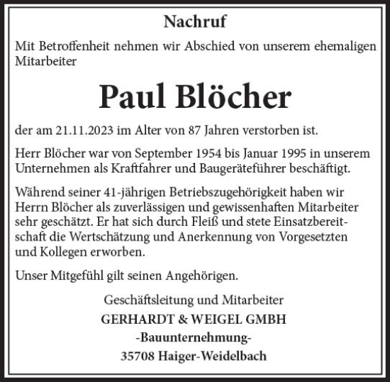 Traueranzeige von Paul Blöcher von Hinterländer Anzeiger