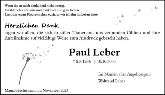 Traueranzeige von Paul Leber von Allgemeine Zeitung Mainz