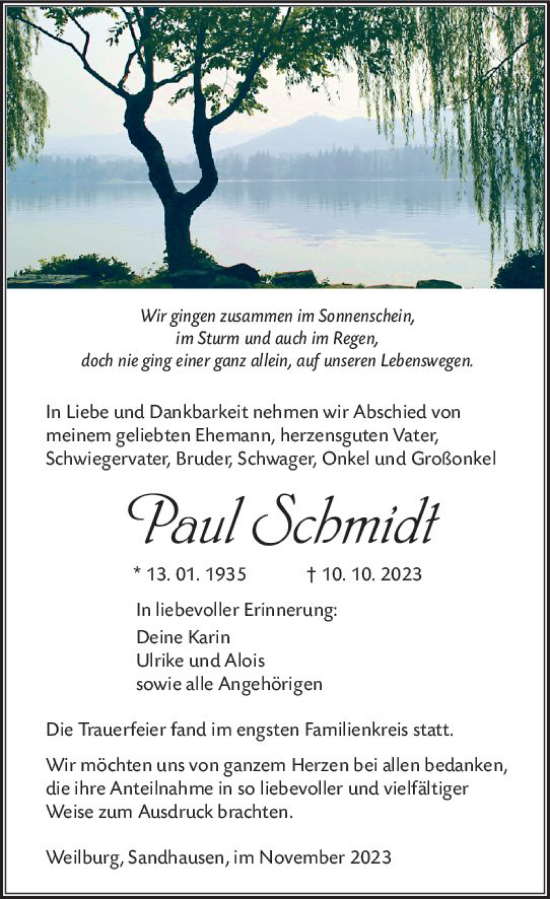 Traueranzeige von Paul Schmidt von Weilburger Tageblatt