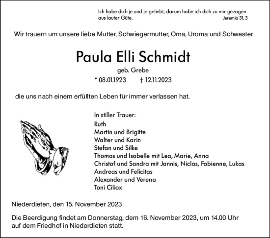 Traueranzeige von Paula Elli Schmidt von Hinterländer Anzeiger