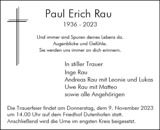 Traueranzeige von Paul Erich Rau von Wetzlarer Neue Zeitung