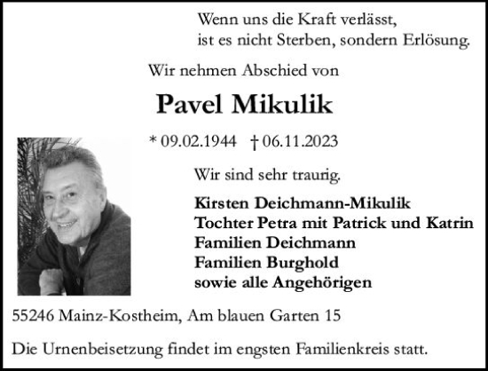 Traueranzeige von Pavel Mikulik von Allgemeine Zeitung Mainz