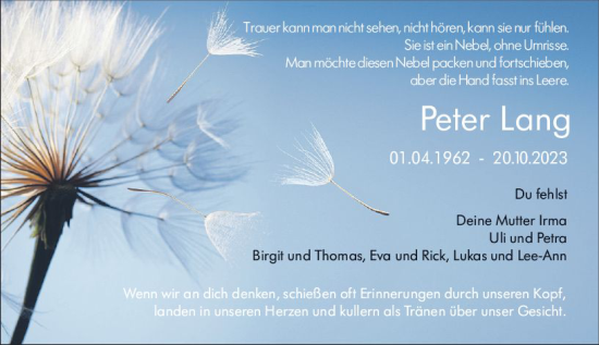 Traueranzeige von Peter Lang von VRM Trauer