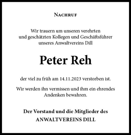 Traueranzeige von Peter Reh von Dill Block