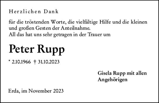 Traueranzeige von Peter Rupp von Dill Block