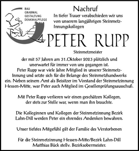 Traueranzeige von Peter Rupp von Wetzlarer Neue Zeitung