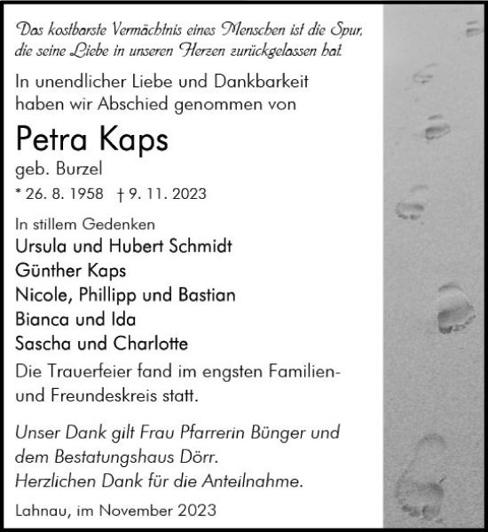 Traueranzeige von Petra Kaps von Wetzlarer Neue Zeitung