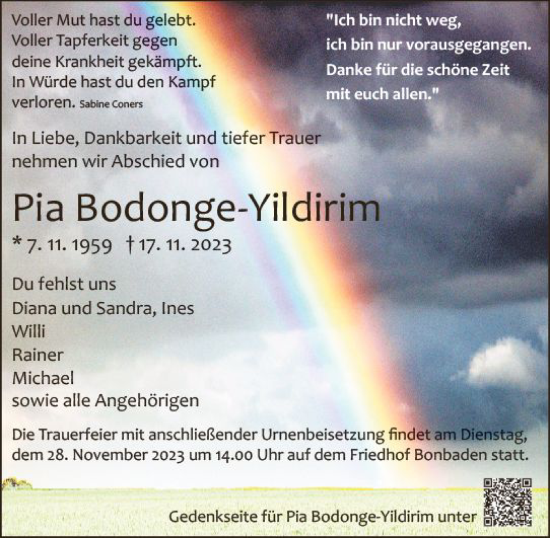 Traueranzeige von Pia Bodonge-Yildirim von Wetzlarer Neue Zeitung