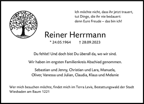 Traueranzeige von Reiner Herrmann von Wiesbadener Kurier