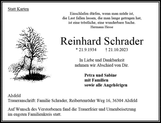 Traueranzeige von Reinhard Schrader von Oberhessen Kurier